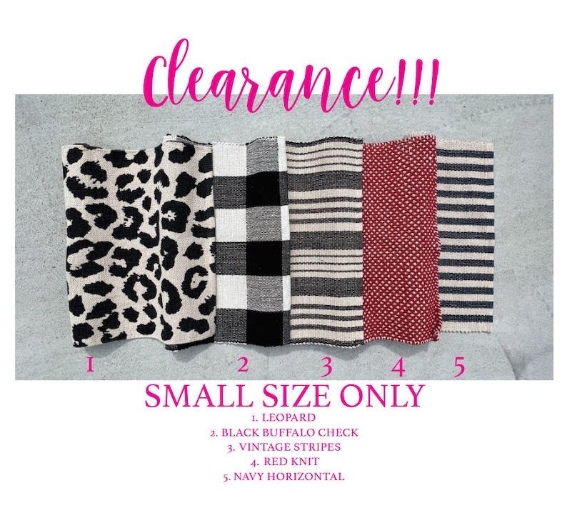 May include: Five different small size rugs in various patterns.  The rugs are arranged from left to right: leopard print, black and white buffalo check, vintage stripes, red knit, and navy horizontal stripes.  The text "Clearance!!!" is at the top of the image.  The text "SMALL SIZE ONLY" is below the rugs.  The text "1. LEOPARD", "2. BLACK BUFFALO CHECK", "3. VINTAGE STRIPES", "4. RED KNIT", and "5. NAVY HORIZONTAL" is below the text "SMALL SIZE ONLY".