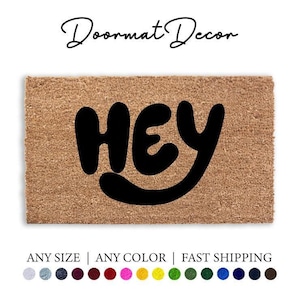 Hey Bubble Letters Flocked Coir Doormat  Custom Welcome Mat  Groovy Housewarming Gift