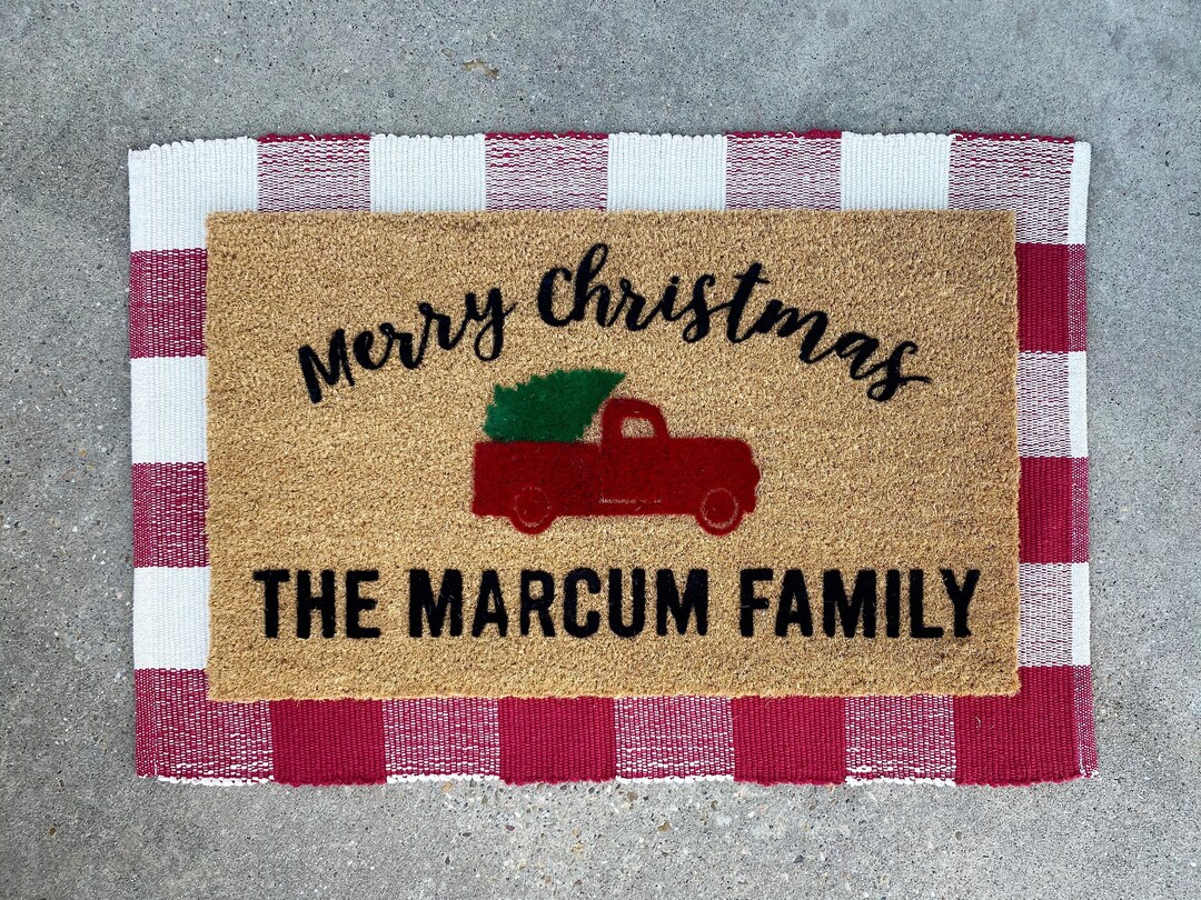 Personalized Christmas Doormat, Holiday Christmas Tree Door Mat, Flocked Coir Outdoor
