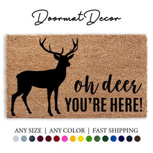 Oh Deer Doormat  Flocked Coir Outdoor Welcome Rug with Deer Antlers  Cabin Hunting Home Decor Gift
