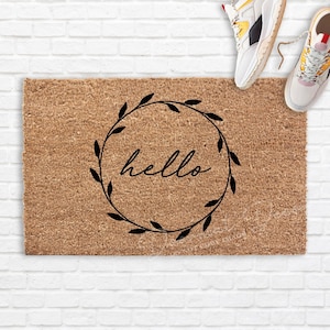 Hello Wreath Doormat  Flocked Coir Welcome Mat  Custom Housewarming Gift