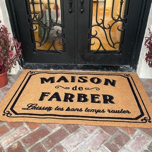French Maison Personalized Name Doormat, New Orleans Mardi Gras Laissez les bons temps rouler, Let The Good Times Roll, Welcome Door Mat Rug