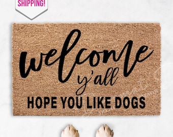 Welcome Yall Doormat  Dog Paw Print Outdoor Mat for Pet Lovers  Cute Puppy Welcome Mat
