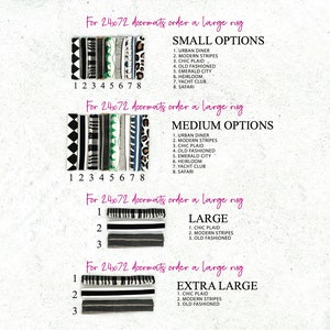 May include: A guide to ordering doormats in different sizes. The guide shows eight different doormat designs, labeled with numbers 1 through 8. The designs include black and white geometric patterns, leopard print, and stripes. The guide also includes the text "For 24x72 doormats order a large rug" and lists the different sizes of doormats available: Small, Medium, Large, and Extra Large.