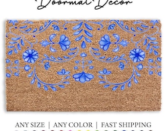 Floral Print Coir Doormat  Custom Personalized Entryway Rug  Vintage Style Décor