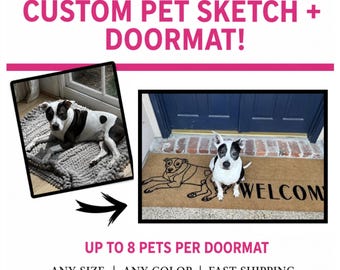 CUSTOM PET SKETCH Doormat  Personalized Dog  Cat Portrait  Unique Home Décor Gift