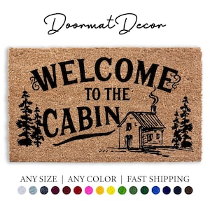 Welcome Doormat  Flocked Coir Rug  Cabin Mountains Decor Custom Gift