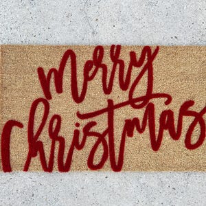 Merry Christmas Script Doormat  Flocked Coir Welcome Mat  Holiday Decor for Entryway