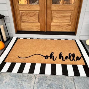 Flocked Coir Doormat  Oh Hello Cursive Welcome Mat  Housewarming Gift