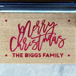 Personalized Christmas Doormat  Merry Welcome Mat  Custom Coir Rug in Red  Green