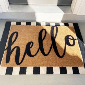 Hello Cursive Script Coir Doormat  Personalized Outdoor Welcome Mat Ideal Housewarming Gift