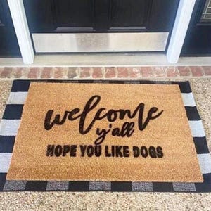 Welcome Yall Doormat with Paw Print  Outdoor Dog Lover Mat  Cute Puppy Welcome Mat