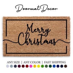 Merry Christmas Doormat  Flocked Coir Welcome Mat  Festive Holiday Decor