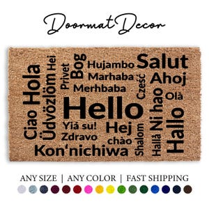 Welcome Doormat in Multiple Languages Personalized Hello Goodbye Rug Custom Gift Idea