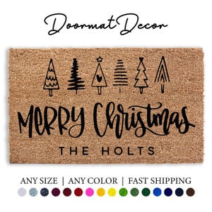 Personalized Merry Christmas Doormat  Custom Coir Entryway Rug  Red  Green Outdoor Welcome Mat