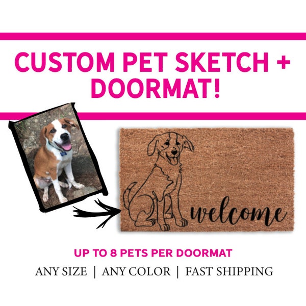 CUSTOM PET SKETCH | Welcome Doormat, Personalized Dog Sketch Door Mat, Pet Drawing Portrait, Cat Sketch, Custom Painting Portrait