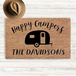 Happy Campers Personalized RV Doormat  Flocked Coir Outdoor Welcome Mat for Motorhomes  5th Wheels