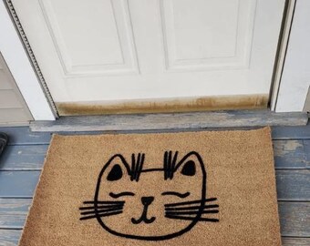 Cat Silhouette Coir Doormat  Outdoor Welcome Rug for Pet Lovers  Kitten Head Pattern Entryway Decor