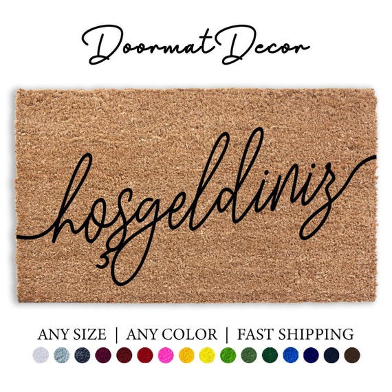 Hosgeldiniz Turkish Welcome Mat  Custom Flocked Coir Doormat for Outdoor Entry  Unique Personalized Door Mat