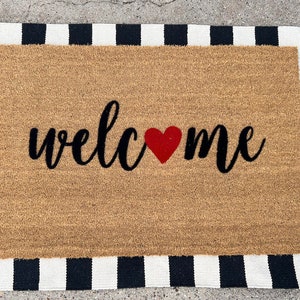 Welcome Heart Doormat, Pink Red Hearts, Valentines Day Gift Decor, Outdoor Welcome Rug, Red Hearts Pattern, Entryway Rug, Coir Door Mat