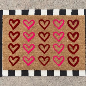 Row of Hearts Doormat  Pink  Red Valentines Day Décor  Outdoor Welcome Rug Entryway Coir Mat