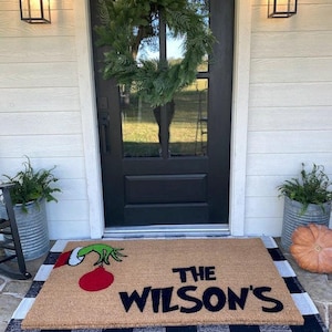Personalized Grinch Christmas Doormat  Custom Outdoor Welcome Mat  Flocked Coir Holiday Gift