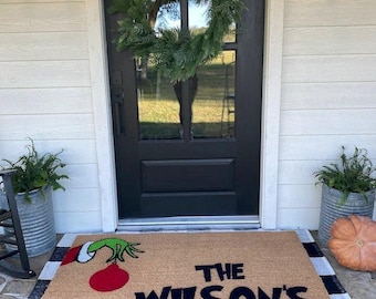 Personalized Grinch Christmas Doormat  Custom Outdoor Welcome Mat  Flocked Coir Holiday Gift