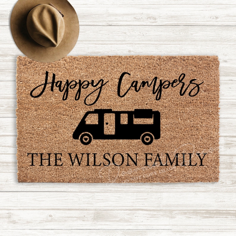 Happy Campers Personalized RV Doormat Flocked Coir Door Mat Etsy