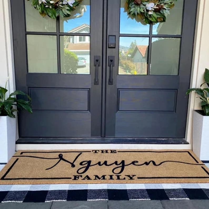 Coir Doormat Custom Last Name Family Name Welcome Mat for Weddings Real Estate Gifts Double Door Outdoor Rug image 1
