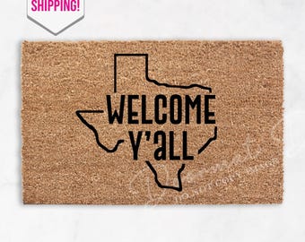 Felpudo de bienvenida de Texas, alfombra de exterior de fibra de coco flocada personalizada con decoración campestre.