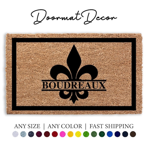 Personalized Fleur De Lis Doormat New Orleans Mardi Gras Colors Flocked Coir Welcome Mat for French Quarter Decor