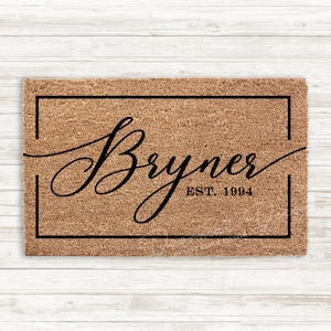 Family Name Script Est Date Border Personalized Doormat, Flocked Coir Door Mat, Welcome Mat, Housewarming, Realtor Client Gift, Wedding Gift