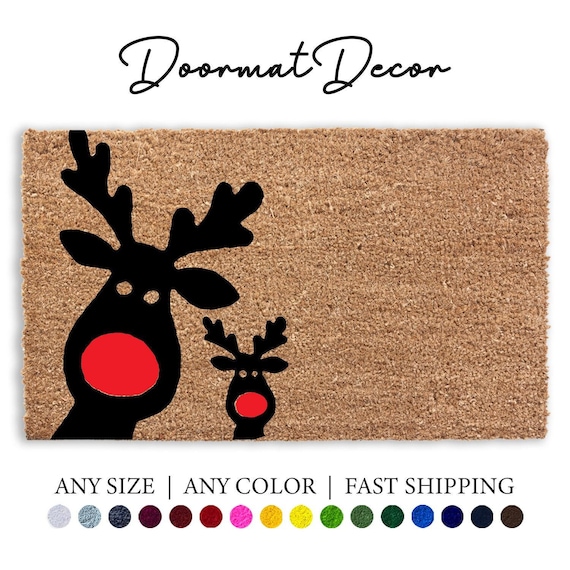 Rudolph Reindeer Doormat  Holiday Welcome Mat  Flocked Coir Entryway Rug for Christmas Decor
