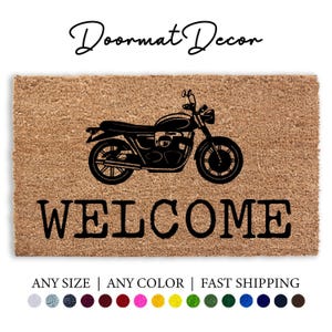 Welcome Motorcycle Doormat   Flocked Coir Rug  Personalized Housewarming Gift