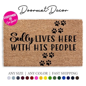 Pet Name Welcome Mat  Custom Dog Doormat with Paw Prints  Outdoor Rug Gift for Dog Lovers