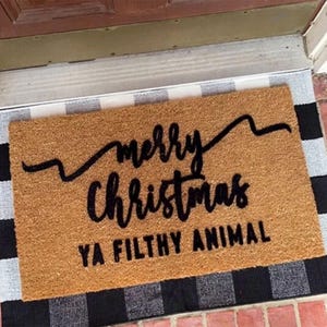 Merry Christmas Doormat  Flocked Coir Welcome Mat  Holiday Decor for Front Door