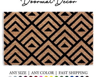 Diamond Pattern Coir Doormat  Custom Personalized Entryway Rug  Hand Drawn Herringbone Design