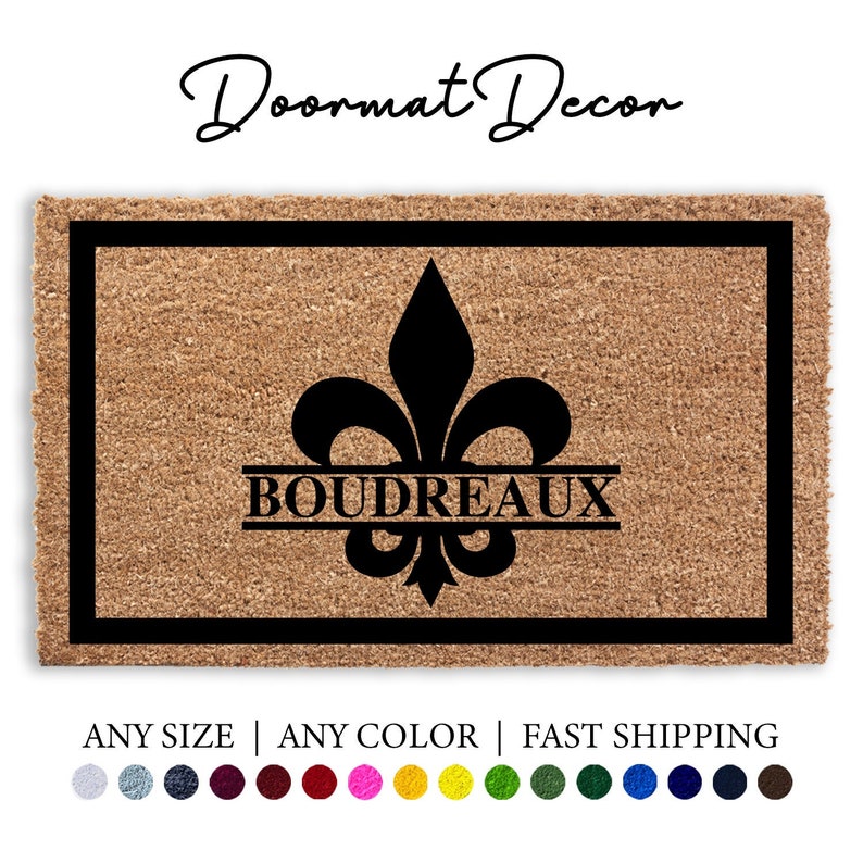 Fleur De Lis Personalized Name Doormat, New Orleans Mardi Gras Yellow Purple Green Flocked Coir Welcome Door Mat, French Quarter Decor