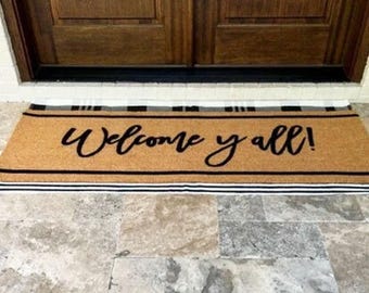 Felpudo Welcome Yall personalizado de estilo campestre tejano, de fibra de coco flocada, para decoración de exteriores.
