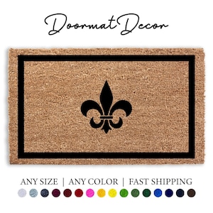 Fleur De Lis Doormat - Mardi Gras Yellow Purple Green Rug - Flocked Coir Welcome Mat for French Quarter Decor