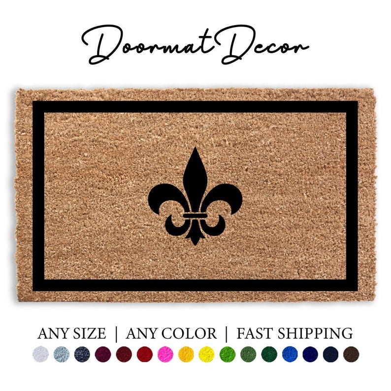 Fleur De Lis Doormat - Mardi Gras Yellow Purple Green Rug - Flocked Coir Welcome Mat for French Quarter Decor image 1