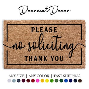 Please No Soliciting Thank You Doormat, No Soliciting Sign, Business Logo Entryway Outdoor Welcome Mat, Custom Personalized Doormat