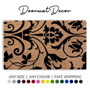 Large Floral Coir Doormat  Vintage Hand-Drawn Flower Rug Custom Personalized Entryway Decor