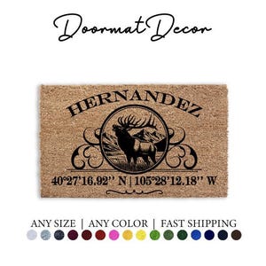 Personalized Coordinates Doormat  Custom Moose Mountains Rug  Monogrammed Outdoor Welcome Mat
