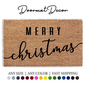 Merry Christmas Script Doormat  Flocked Coir Welcome Mat for Holiday Decor  Front Door Rug  Gift