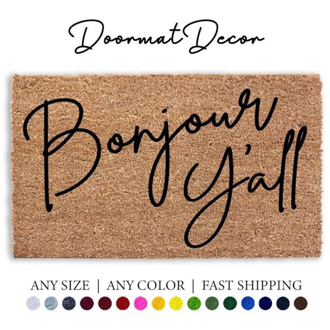 Bonjour Script Bonjour Yall Script Flocked Coir Doormat Personalized Outdoor Welcome ...