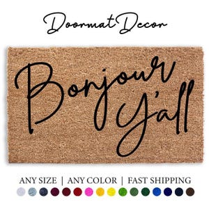 Bonjour Yall Script Flocked Coir Doormat  Personalized Outdoor Welcome Mat  Housewarming Gift