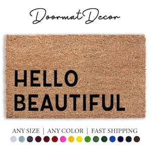 Personalized Hello Beautiful Doormat  Flocked Coir Welcome Mat  Custom Heart Door Mat Housewarming Gift