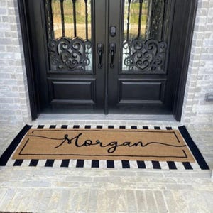 Personalized Flocked Coir Doormat  Custom Welcome Mat for Engagement or Wedding Gift  Outdoor Double Door Rug