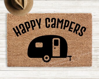 Happy Campers RV Doormat - Personalized Flocked Coir Welcome Mat for Outdoor Motorhome Entry
